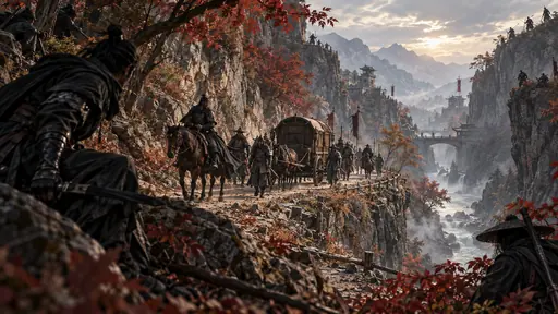 商队沿秋日山路穿过峡谷